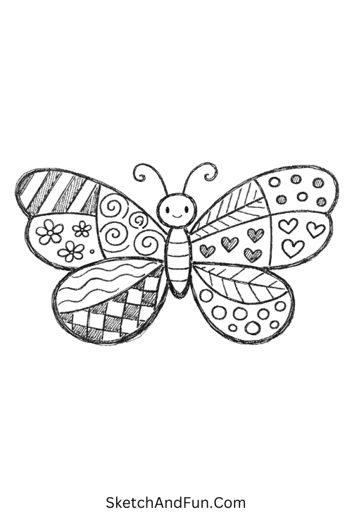 Butterfly with patterned wings and detailed sections, Zentangle doodle patterns