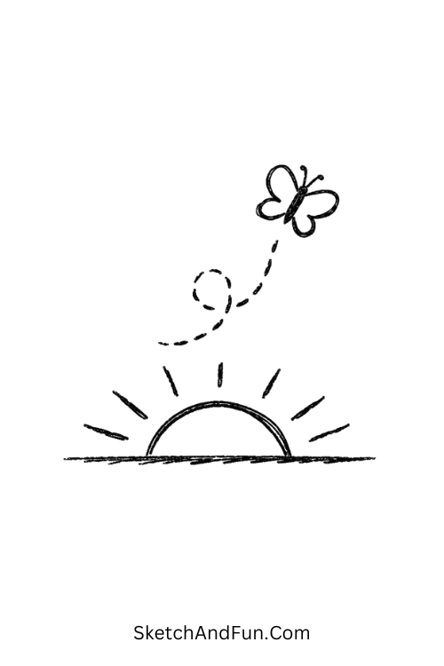 Butterfly flying away from sun rays, August nature drawing ideas