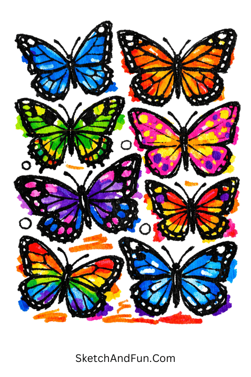 Butterfly wings filled with bold patterns and bright color layers, art marker sketch ideas simple