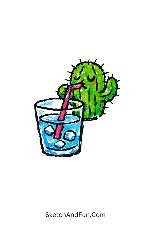 Cactus drinking water with straw in bright colors, simple things to draw with posca pens