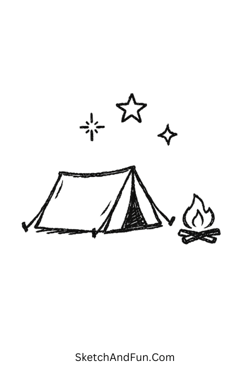 Tent and campfire under stars, August journal doodles