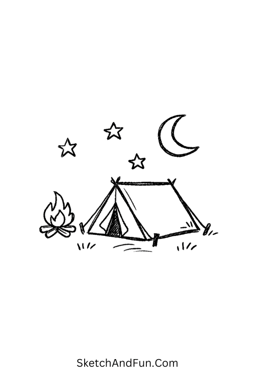 Small tent under stars and moon night sky, July notebook doodles