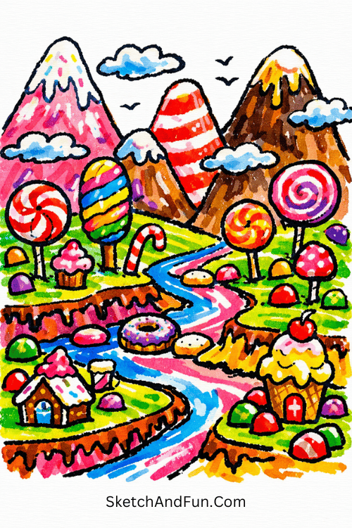 Candy world with lollipop trees, sweet rivers, and playful landscapes, marker art ideas for kids step by step