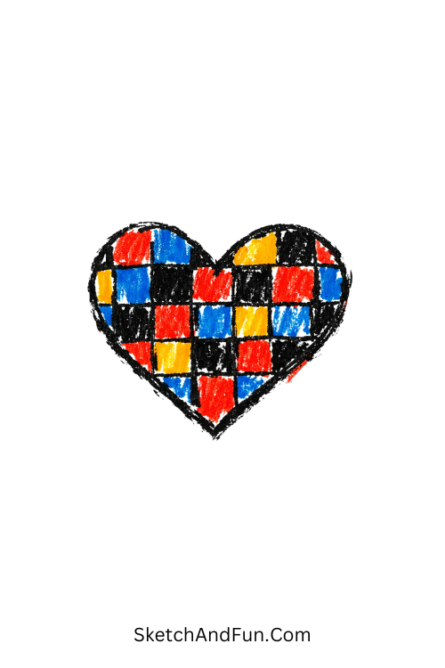 Checkerboard filled heart with bold color contrast and clean edges, Aesthetic acrylic marker drawing ideas easy