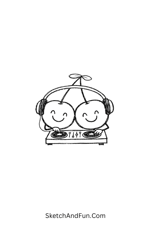 Cherry DJ with headphones mixing music on turntable, funky cartoon drawing ideas