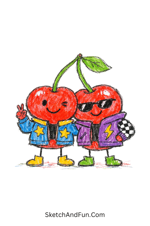 Two cherry characters in jackets posing like best friends, funky sketch ideas