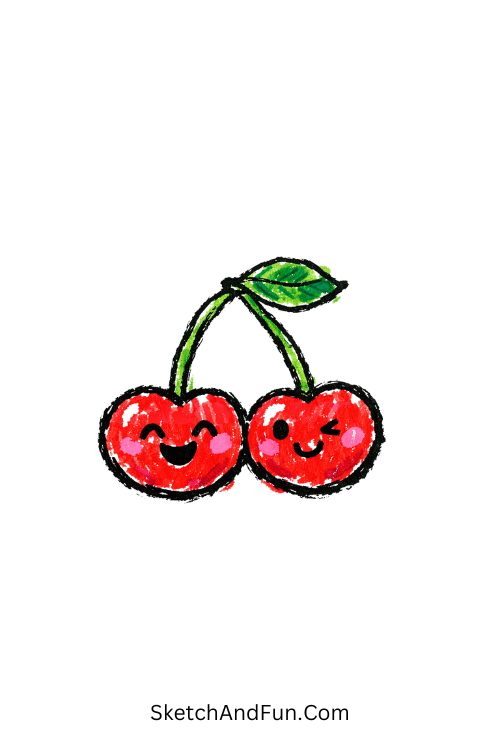 Cherry pair with smiling faces and cute blush connected by stem, Easy acrylic marker drawings for kids on paper
