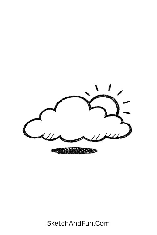 Sun peeking behind soft cloud, simple August drawings