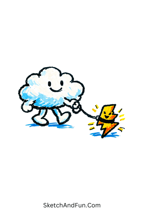 Smiling cloud with rainbow-colored tear drops falling in soft shapes, Easy creative drawing ideas with paint markers