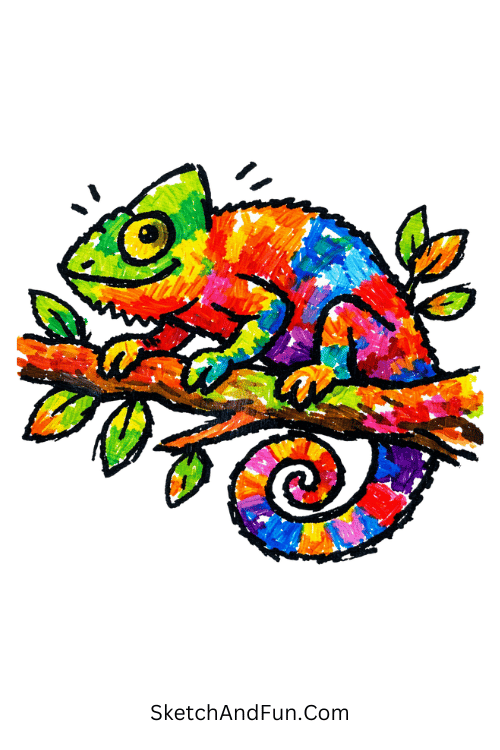 Chameleon blending on a branch with smooth shifting color tones, beginner marker drawing tutorials