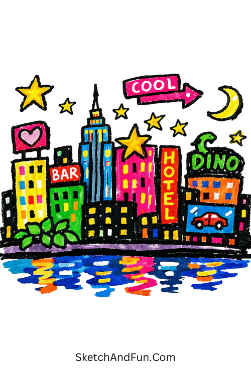 Bright city skyline with neon lights and tall buildings, Things to draw with Posca markers