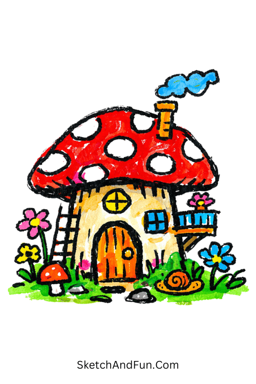 Tiny mushroom house in dreamy flowers and glowing colors, acrylic marker drawing cute drawing ideas