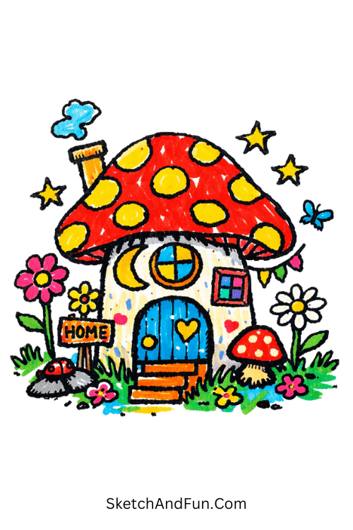 Tiny mushroom house in fairy world with glowing caps and flowers, cute Posca drawing ideas