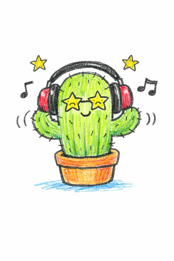 A simple cactus wearing headphones and swaying to music vibes, easy funky art