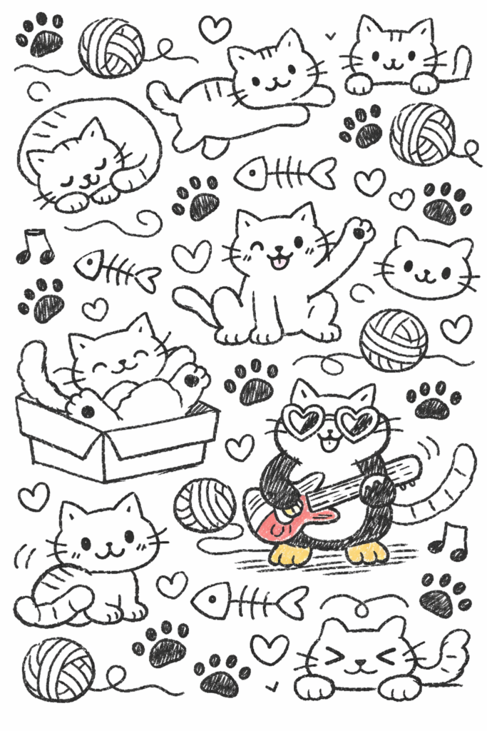Playful cats, paw prints, yarn balls, and tiny hearts filling the page in a simple repeat pattern, full page doodle ideas for beginners