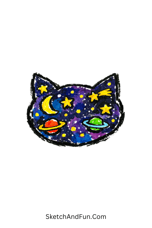 Cat face filled with stars, moons, and galaxy elements inside outline, Simple acrylic marker art ideas for sketchbook