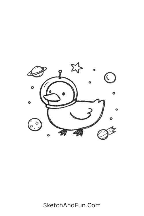 Duck floating in space with helmet and tiny planets, funky drawing ideas easy