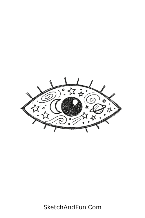Eye filled with stars, swirls, and galaxy textures, Abstract Zentangle art