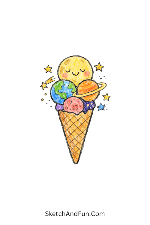An ice cream cone with planets and moon on top, abstract funky art