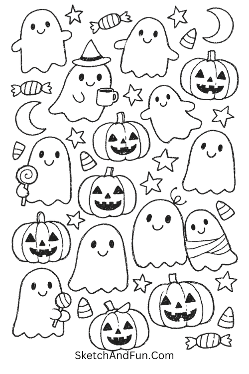 Friendly ghosts, pumpkins, moons, stars, and candy pieces in a soft spooky cute pattern, minimal aesthetic doodle page patterns