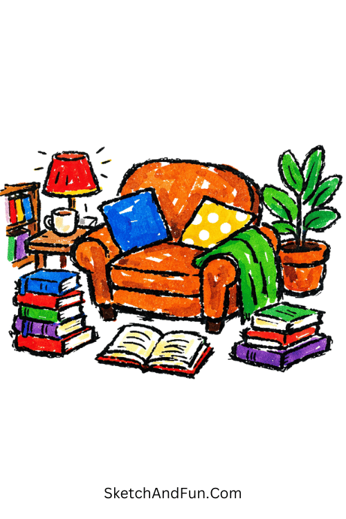 Cozy reading corner with books, pillows, and warm lighting, acrylic marker sketchbook ideas