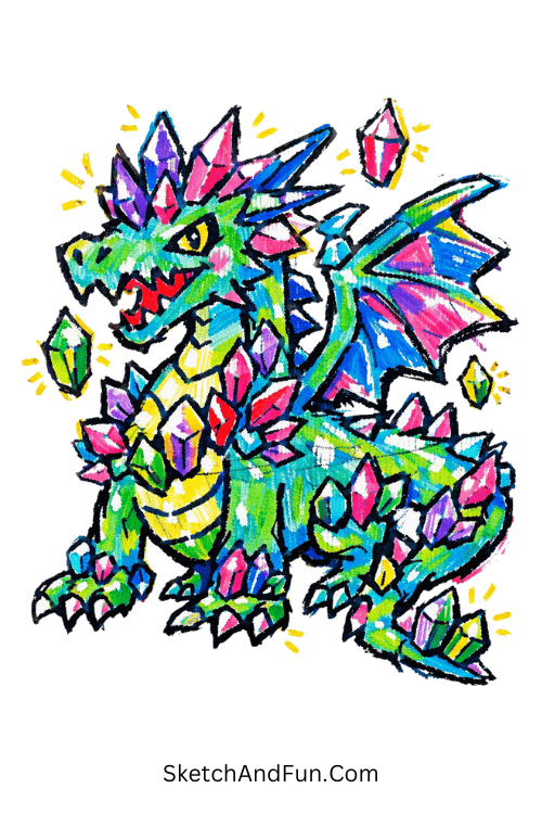 Dragon covered in glowing crystal textures with magical highlights, posca marker drawing ideas