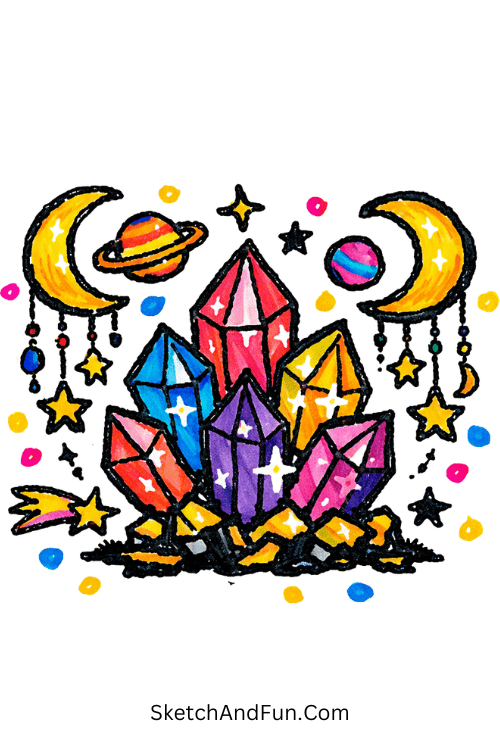 Crystals with moons and stars in cosmic glowing scene, Posca rock painting ideas