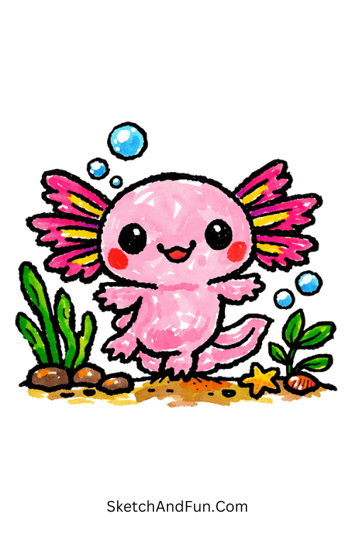 Cute axolotl with bubbles and soft underwater plants, Easy things to draw with Posca markers