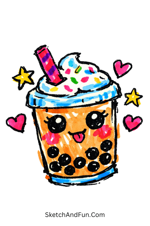 Cute bubble tea cup with smiling face and colorful toppings, acrylic marker drawing for kids