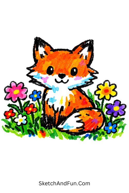Cute fox sitting in wildflowers with soft natural colors, acrylic marker drawing for beginners