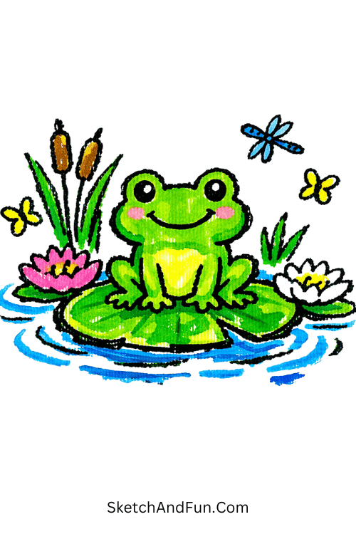 Cute frog resting on lily pad with calm water ripples, easy acrylic marker drawing