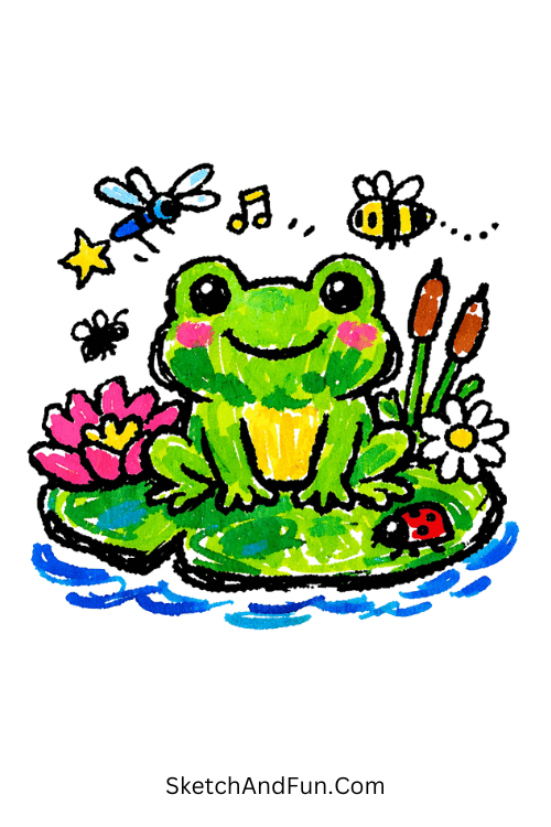 Cute frog sitting on lily pad with bubbles and flowers, Posca drawings for beginners