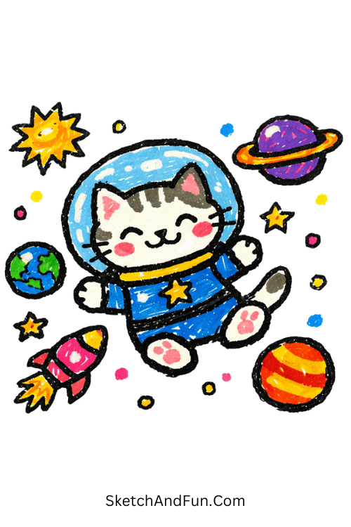 Floating space cat with helmet, stars, and planets, Posca character drawing ideas