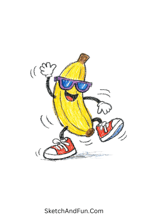A cheerful banana with sneakers and sunglasses dancing playfully, cute funky drawings