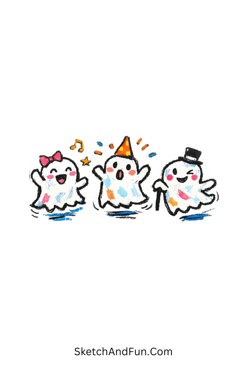 Three cute ghosts with hats and playful poses in a soft cartoon style, Cute things to draw with acrylic paint markers