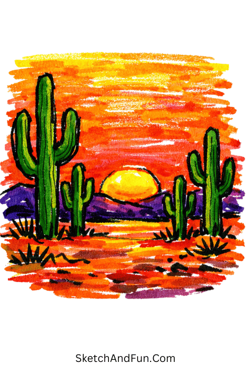 Cactus silhouettes under a warm sunset sky with soft color blends, colorful marker art ideas easy