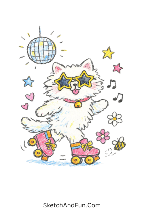 A roller skating cat with star glasses and retro vibes in motion, funky cartoon drawings