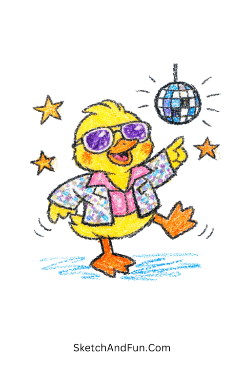 A dancing duck in glitter jacket under disco lights, funky pop art ideas