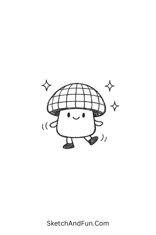Disco mushroom with sparkly disco cap and glowing vibe, funky sketch ideas step by step