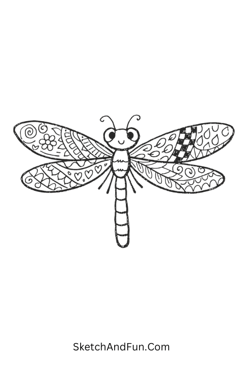 Dragonfly with detailed wings and fine textures, Black and white doodle patterns