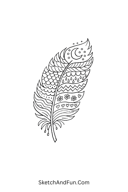 Feather with flowing curves and delicate textures, Easy Zentangle patterns