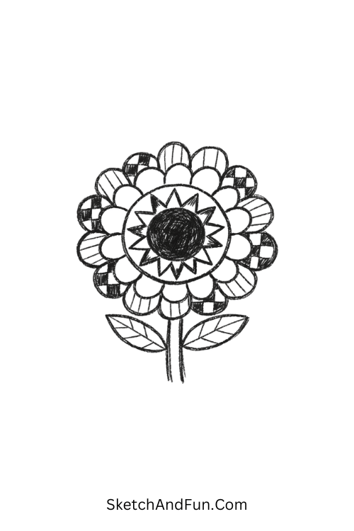 Bold eclipse-style flower with layered black and white rings, Zentangle rose doodle patterns