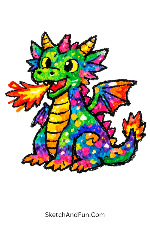 Friendly fantasy dragon with glowing wings and soft colors, acrylic marker anime drawing