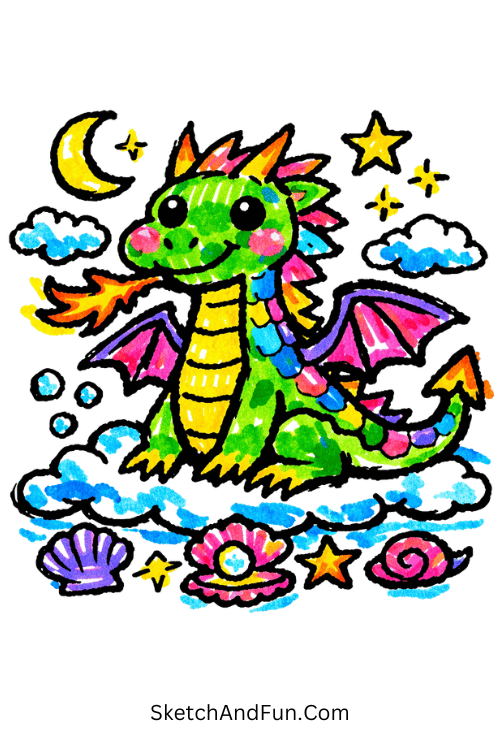 Friendly dragon with glowing wings and fantasy clouds, Posca marker drawing ideas