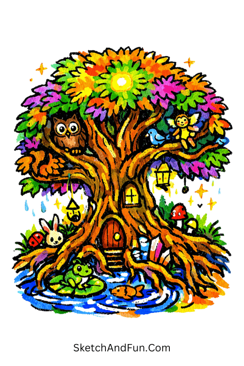 Magical tree with glowing leaves, roots, and hidden fantasy creatures, easy marker art drawing for beginners