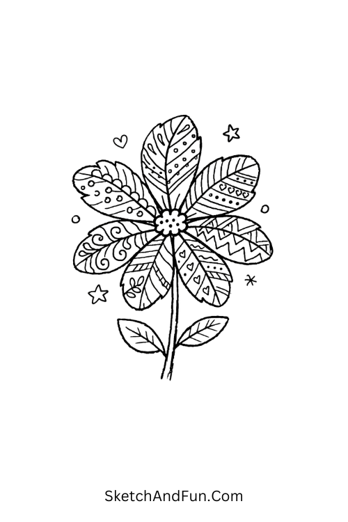 Soft feather-style petals with delicate line detailing, Zentangle floral patterns easy