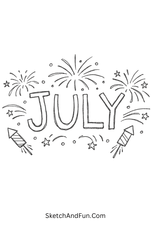 “JULY” text with fireworks burst design, Fourth of July drawings