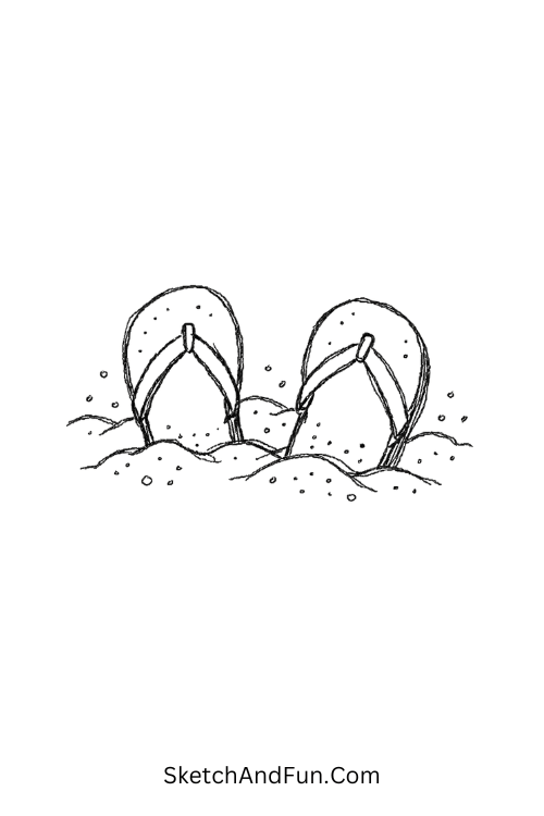 Flip flops half buried in sandy beach, July doodles