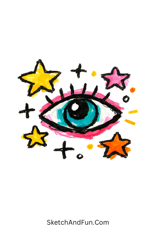 Floating eye surrounded by stars and sparkles in aesthetic style, Acrylic marker drawing ideas for beginners step by step