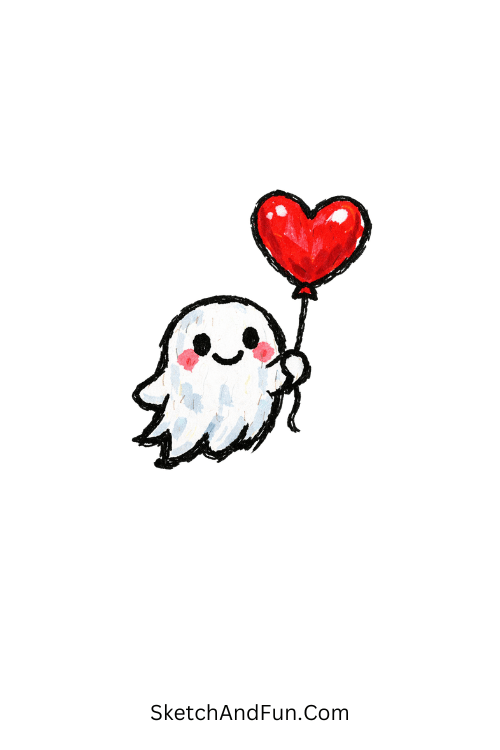 Floating Ghost With Heart Balloon Drawing
